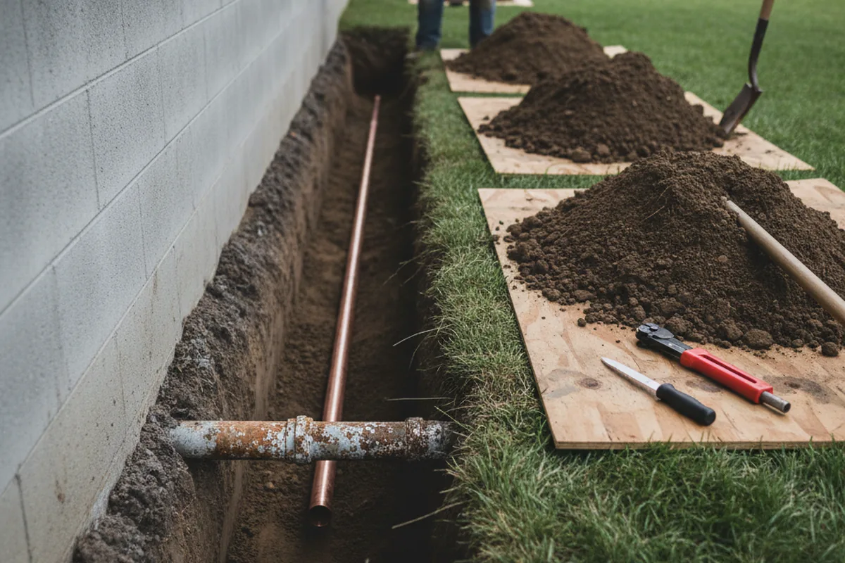 Excavated water line trench during Sewer Line Repair in Wills Point